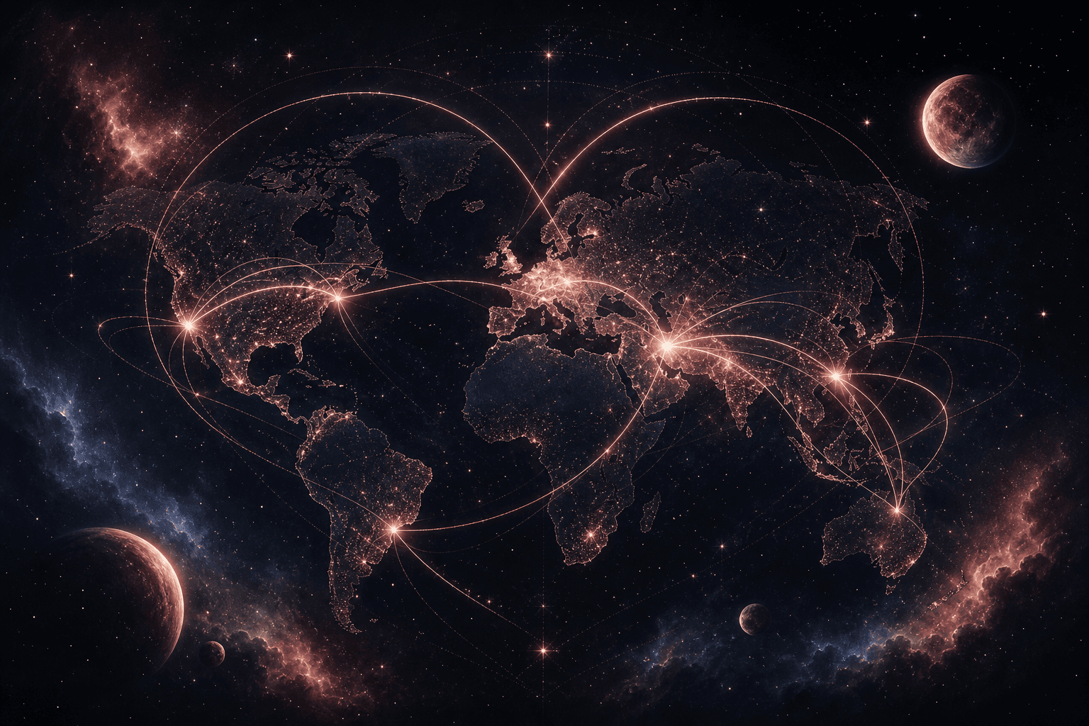 Astrocartography world map showing Venus and Moon planetary relationship lines crossing the globe