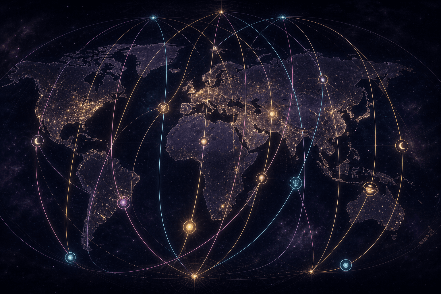 Dark astrocartography world map with luminous planetary lines, celestial markers, and angle nodes