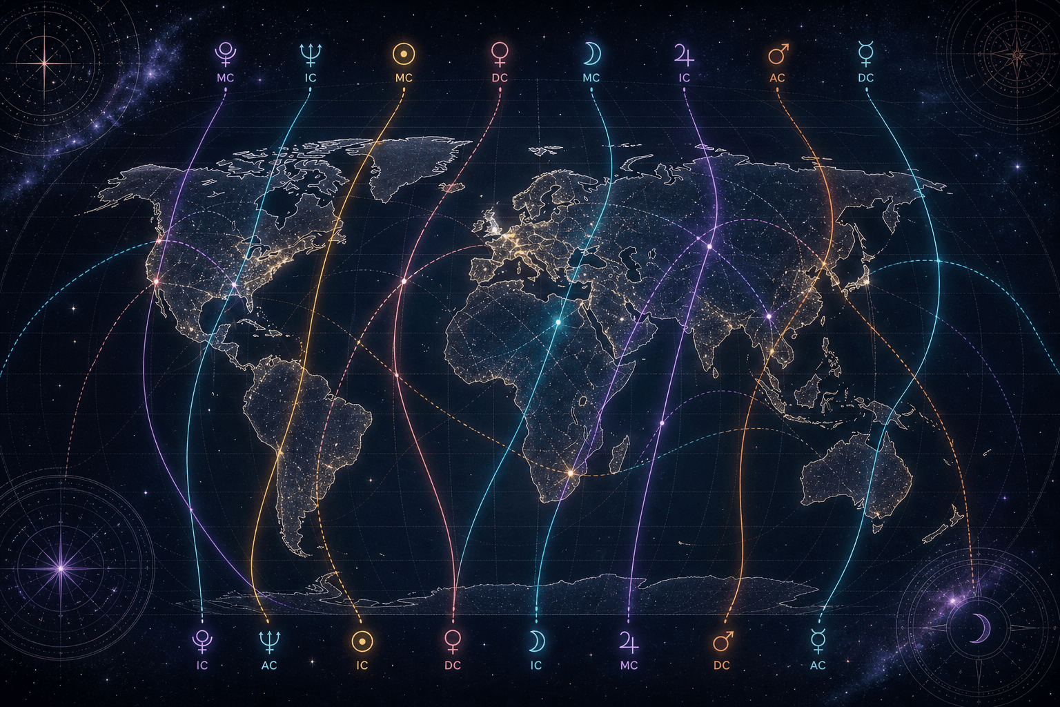 Astrocartography world map with planetary lines, symbols, and angle labels