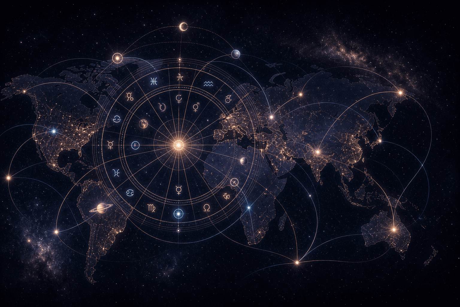 Birth chart wheel projected over a world map with luminous astrocartography lines